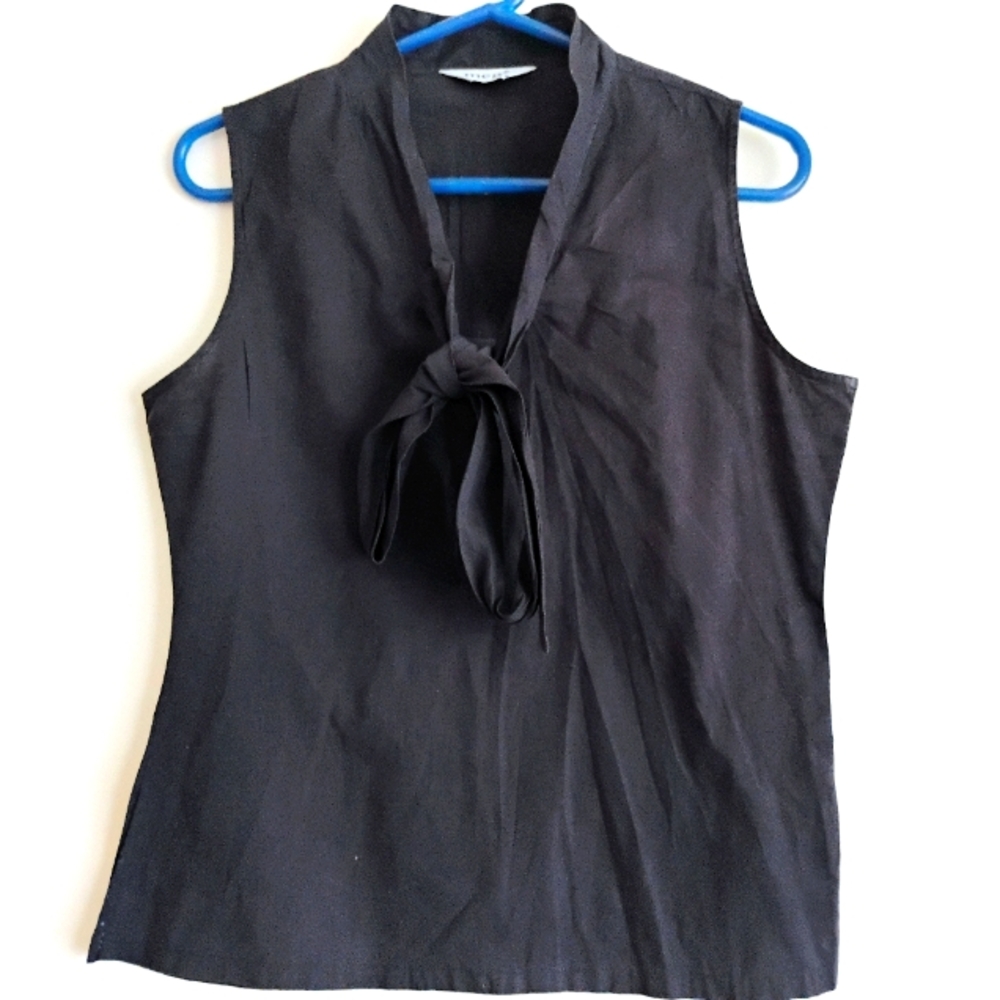 Meg Shop Navy Tie Front Sleeveless Office Siren Preppy Job Interview Career Top